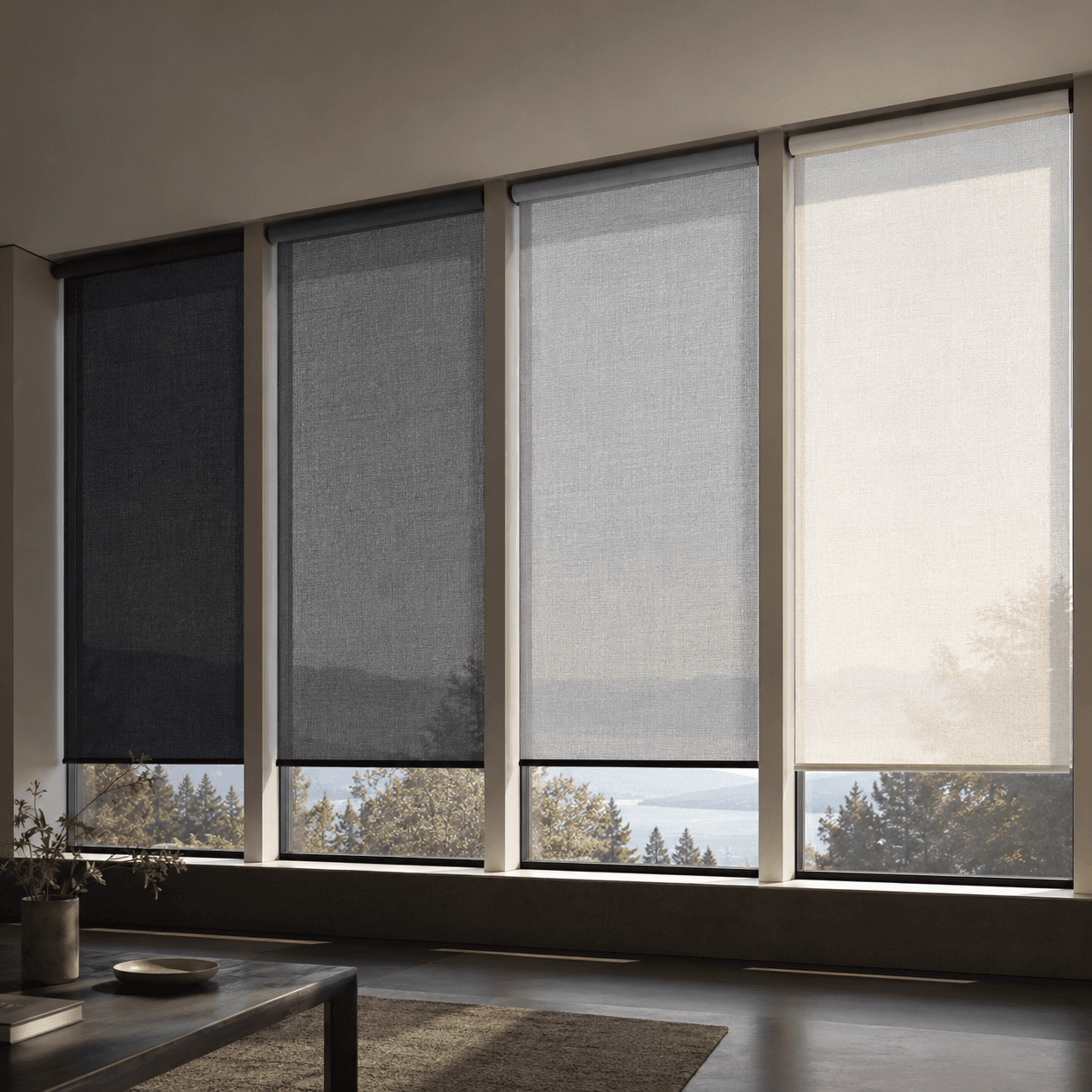 Graphite ReFlex solar screen lowered beside a corporate window, daylight kept