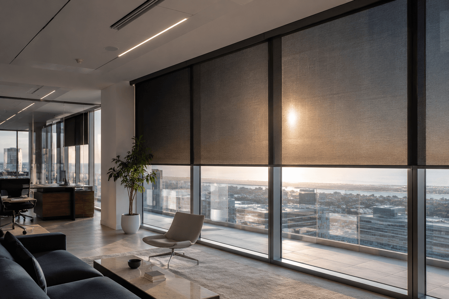 Executive office at dusk with darkening shades drawn over the glazing