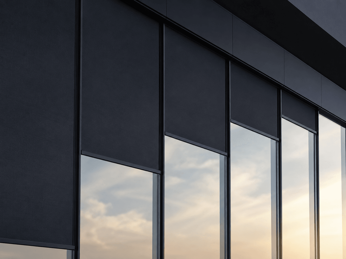 Motorized solar shades held at a measured intermediate position over a glazed elevation