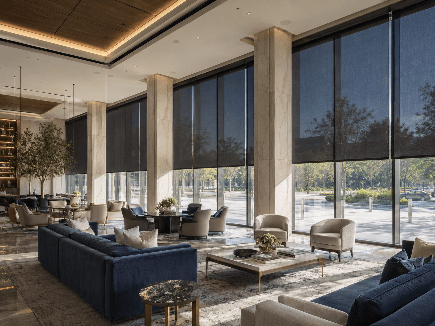 Translucent decorative shade filtering warm daylight in a hospitality interior