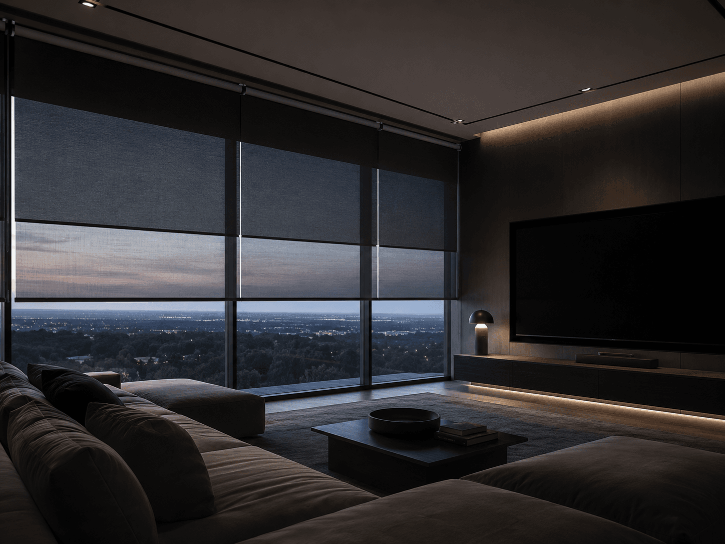 DUO with daytime solar screen lowered in a guest room, view and light controlled