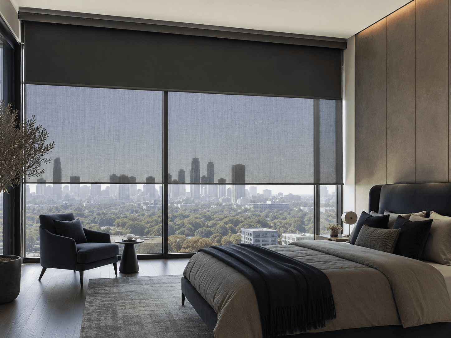 DUO dual-roller in a hospitality interior — daytime screen and full blackout on one headrail