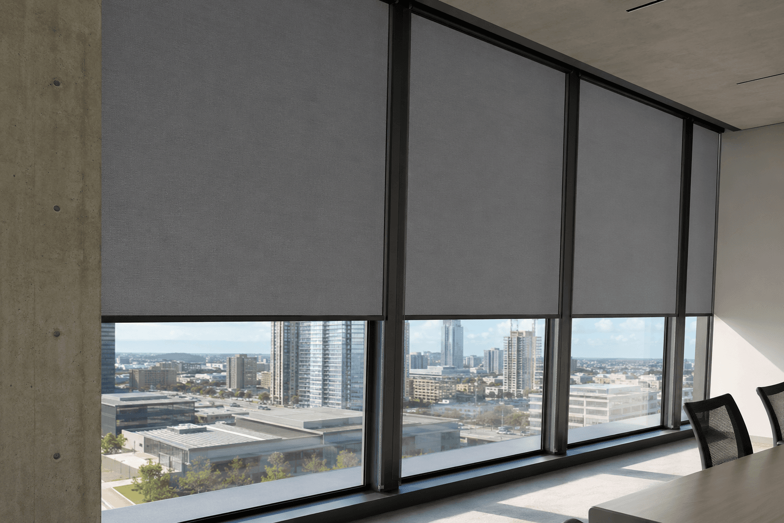 SUNZIP interior zip-channel system on inclined glazing, fabric following the glass plane