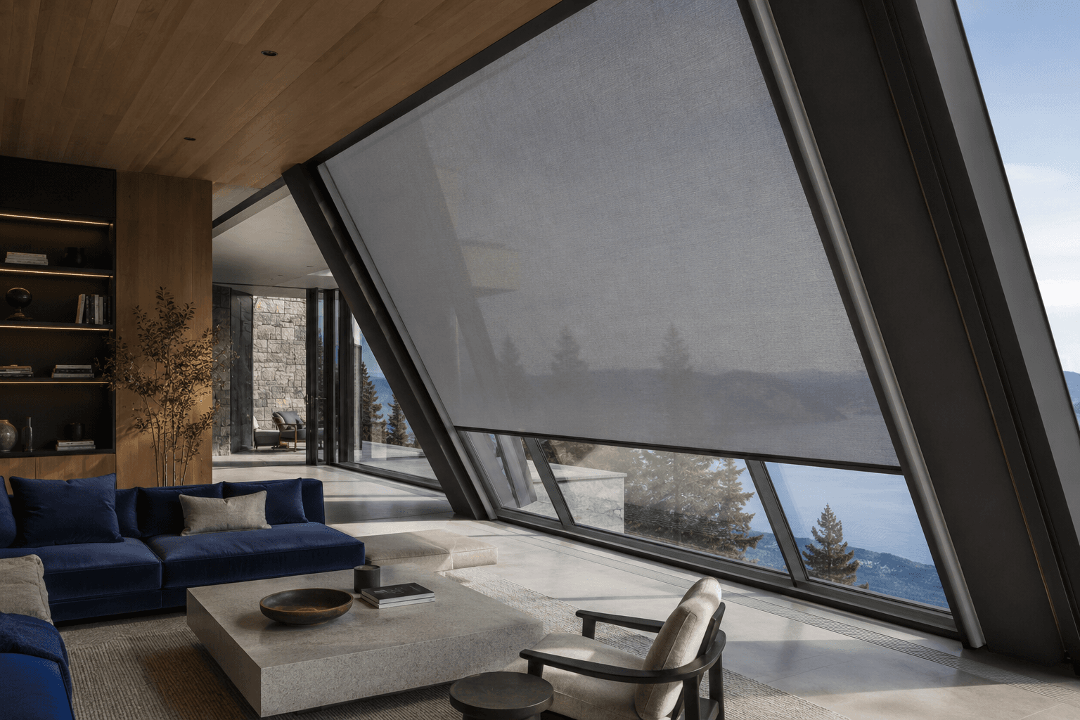SUNZIP screen on a glass partition, fabric tensioned edge to edge by the zip channel