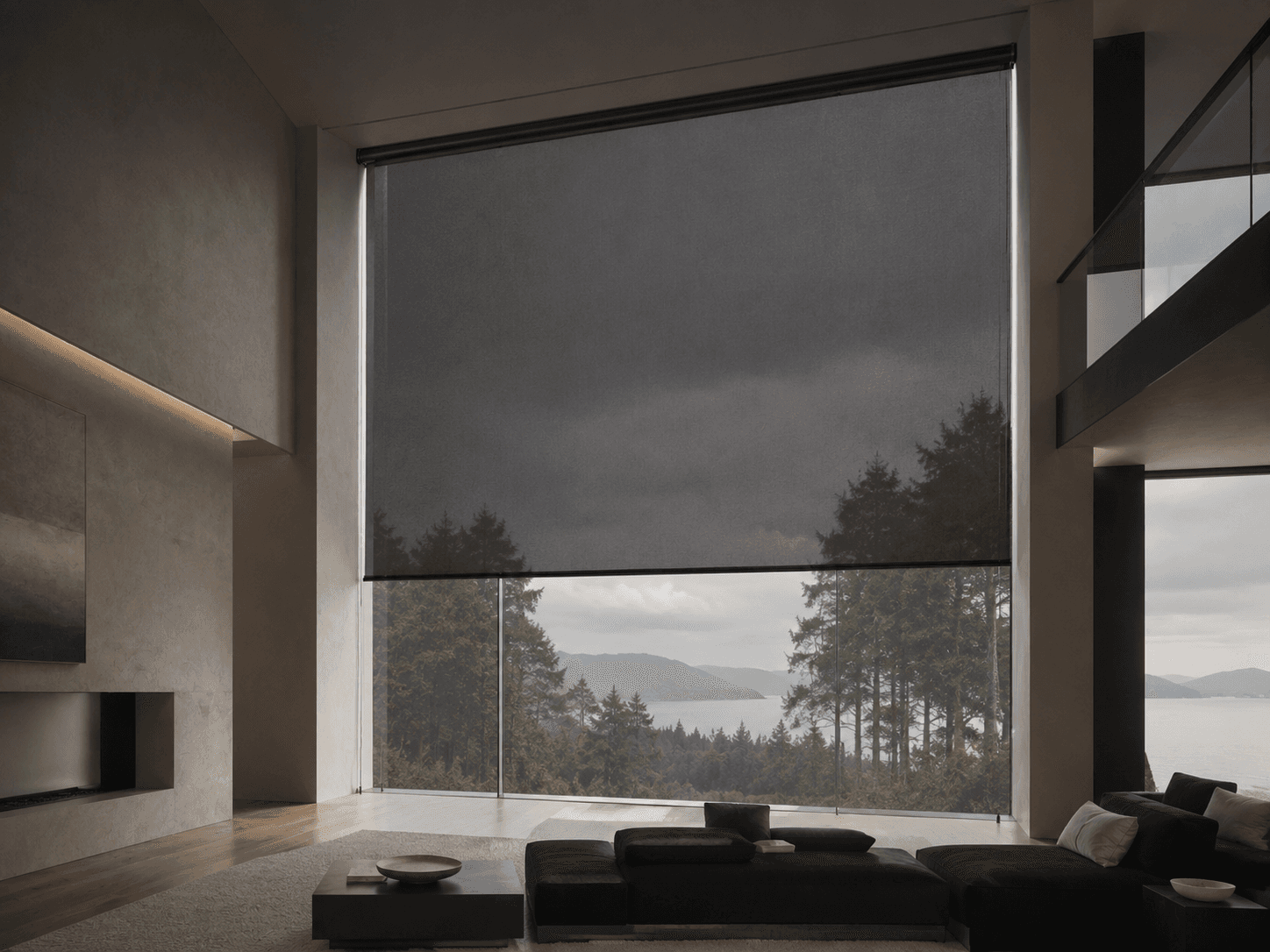 TENZA side-guided screen on tall interior glazing, lateral tension guides visible at reveal