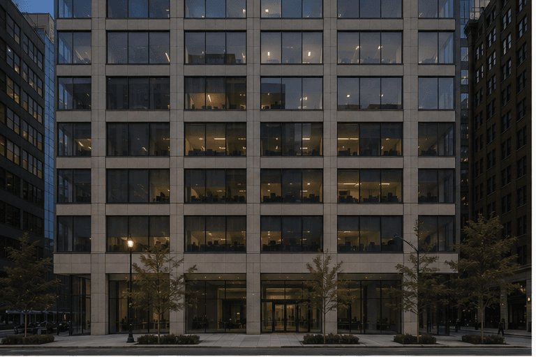 Exterior view of a building with uniform solar screens across every opening, one fabric specified throughout.