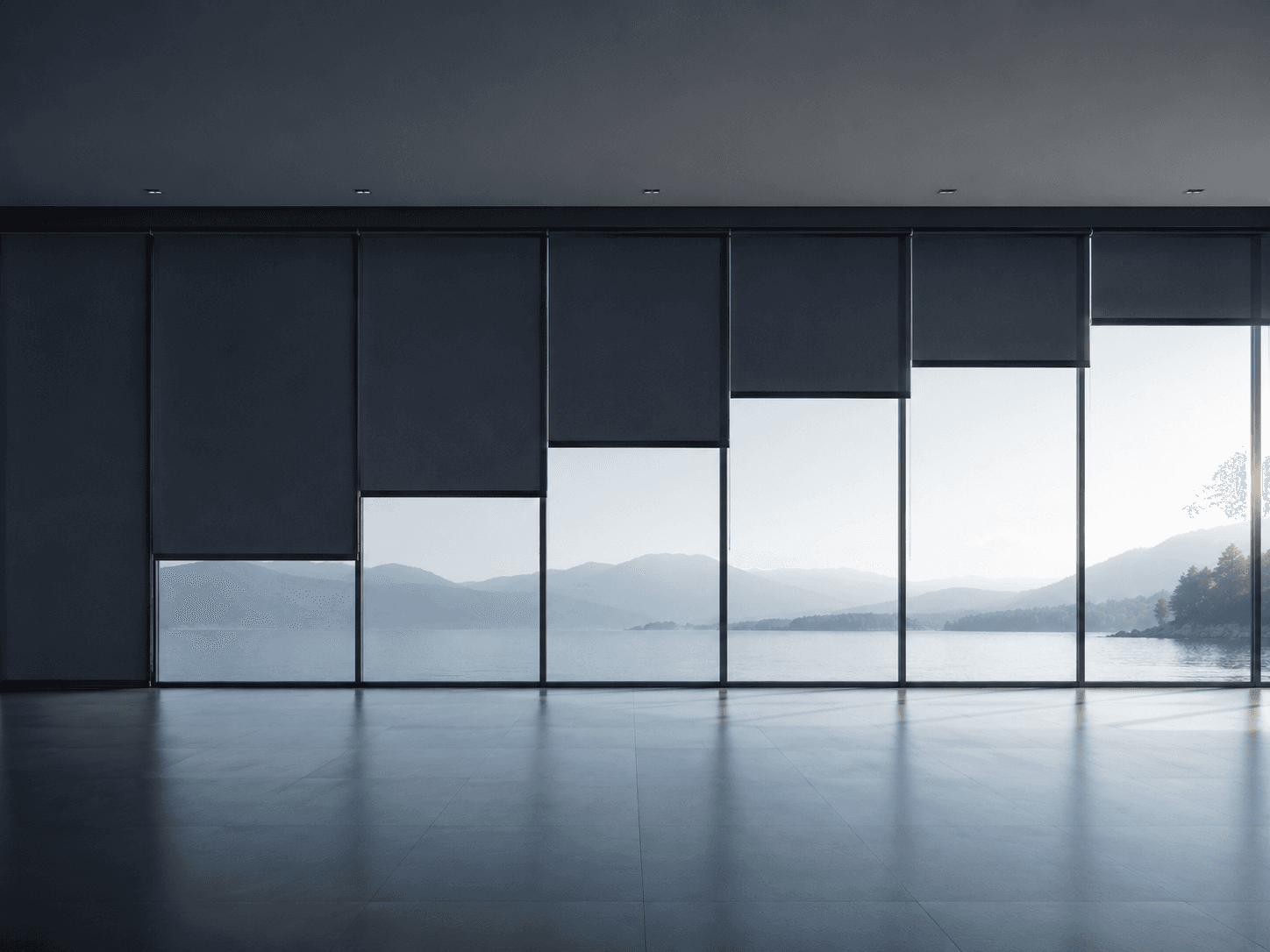 Motorized interior screens beside a corporate window, lowered to a precise position