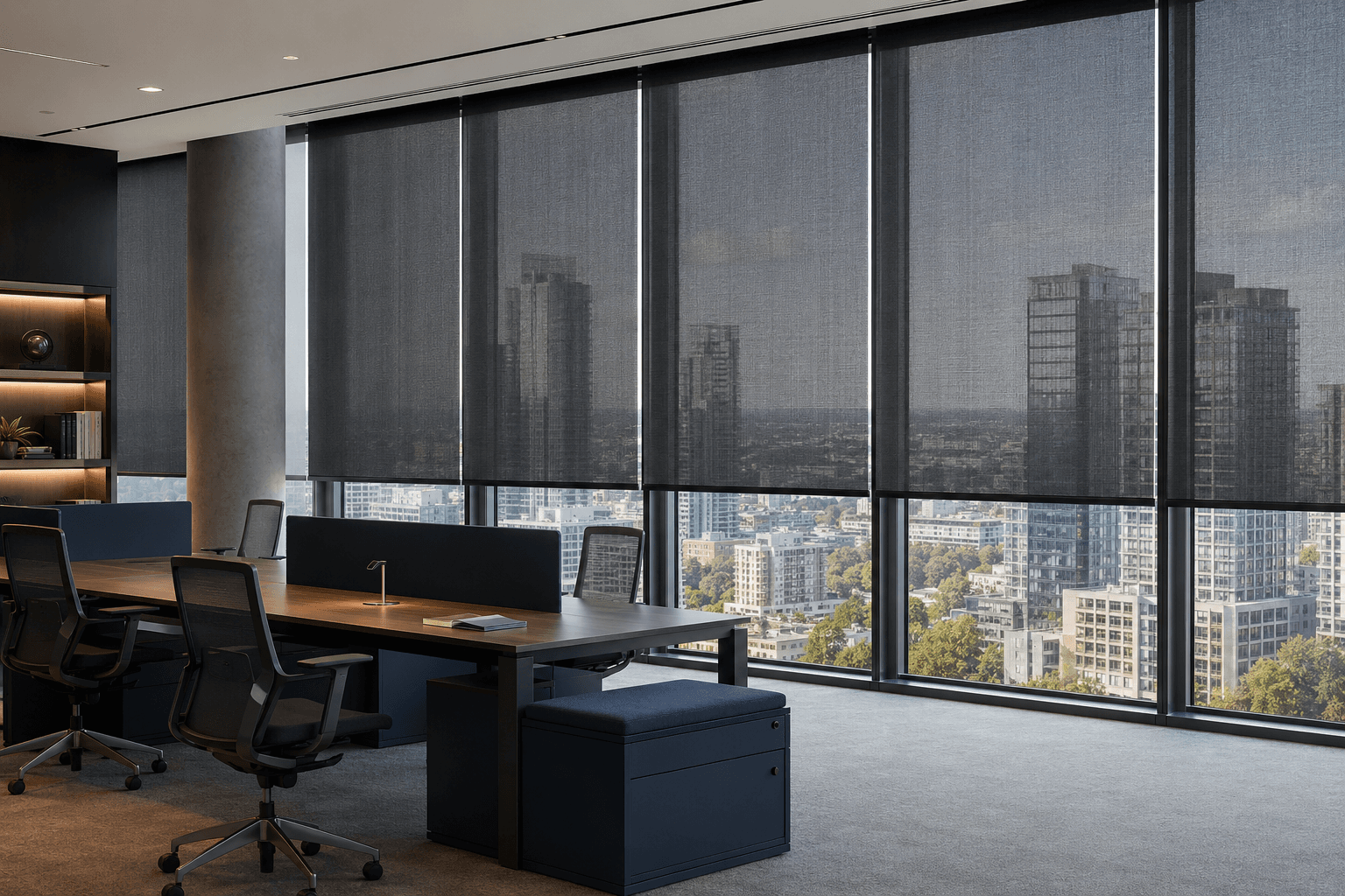 Corporate open-plan office with solar screens lowered, skyline beyond