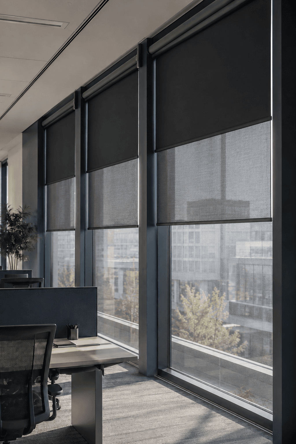 Residential bedroom with a solar screen on tall glazing, the outlook held