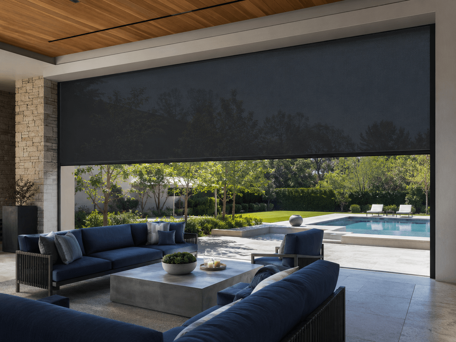 MERIDIAN exterior vertical solar screens on a glazed building facade, solar load controlled at the face