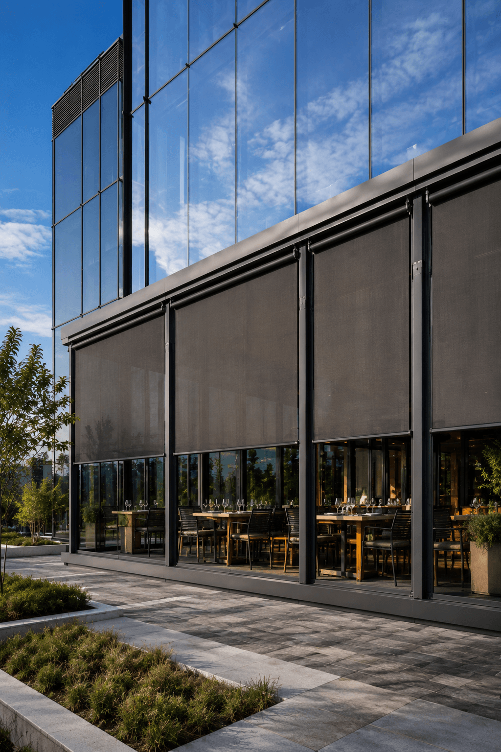 MERIDIAN guided screen over a commercial glazed elevation, zip side channels visible