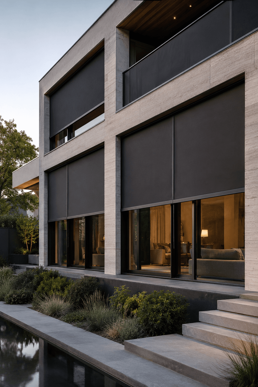 MERIDIAN screens on a multi-storey glazed facade, fabric held flat under wind load