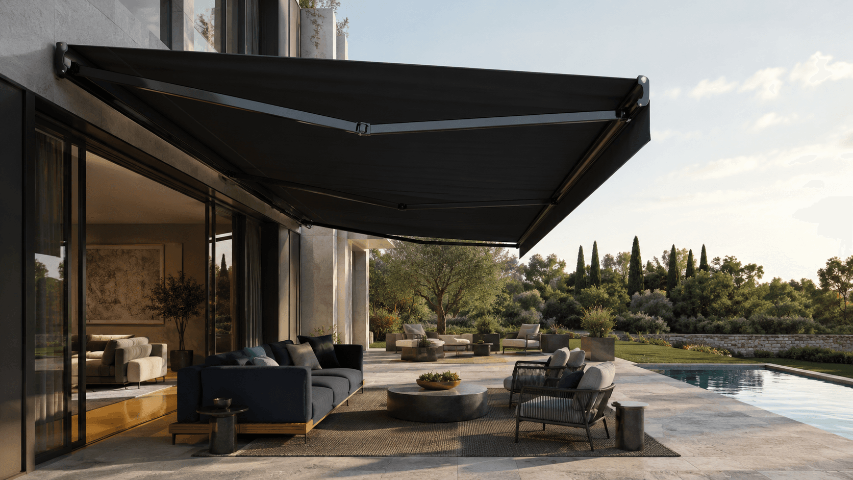 VELARIA Arm folding-arm awning projecting shade over an exterior terrace