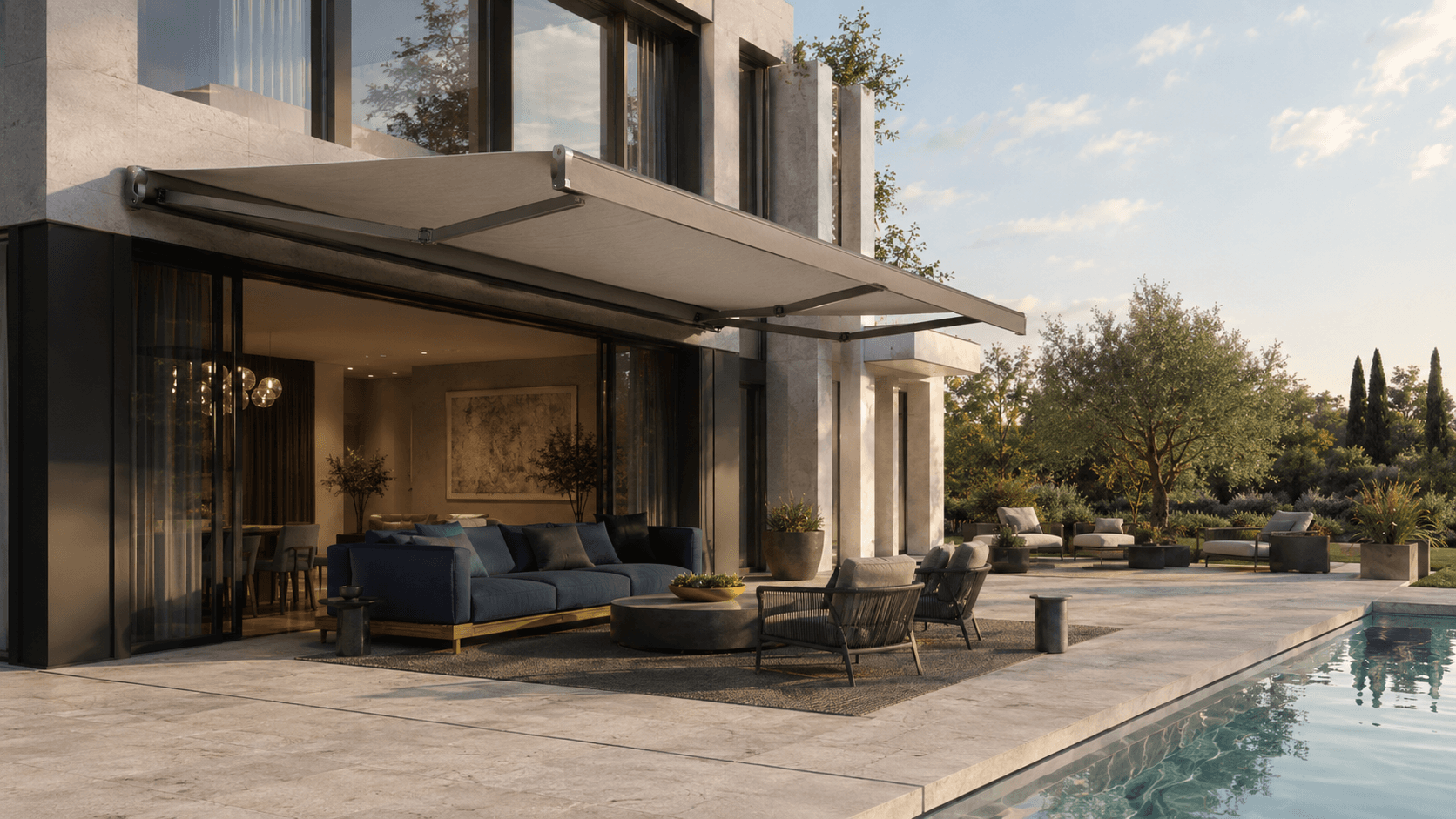 VELARIA Arm awning from side, solar-control fabric projecting shade over the opening